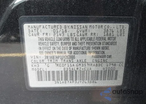 2018 Nissan Sentra Sr из США, поврежденный, VIN 3N1AB7AP3JY263886